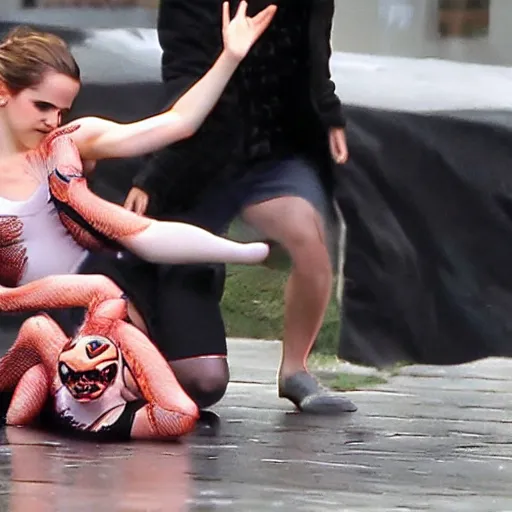 Image similar to emma watson grappling with a giant spider