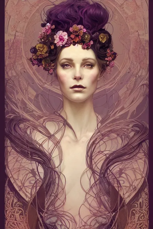 Image similar to full length portrait of a beautiful mysterious fairy with flowery headgear, no hands, by eve ventrue, michael carson, andreas rochas, john watkiss, casey weldon, artgerm. art nouveau. tarot card by mucha. gloomhaven. swirly intricate linework background. gaudy colors, sharp edges. octane render