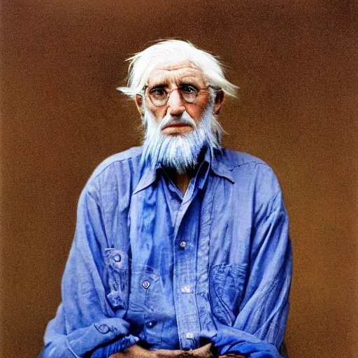 Image similar to portrait of an old man with blue hair, photo by annie leibovitz