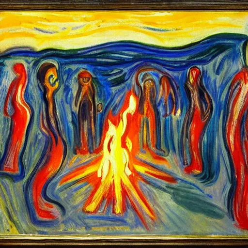 Prompt: insane dances around the campfire, oil painting expressionism edvard munch