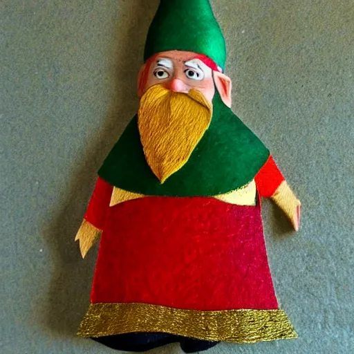 Prompt: the small gnome's garb is a riot of color, embroidered in gold thread. atop his head, a triangular hat of green felt sits at a rakish angle. emerald eyes gleam with mirth, and his smiling face is framed by a tangle of black hair. his brass instruments - - hand - bells and a panpipe