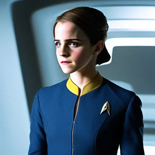 Image similar to Emma Watson in Star Trek, XF IQ4, f/1.4, ISO 200, 1/160s, 8K, Sense of Depth, color and contrast corrected, NVIDIA NGX, Dolby Vision, symmetrical balance, in-frame