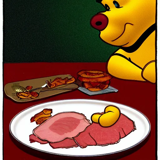 Image similar to close up of winnie the pooh with a plate of sausage and bacon and ham hock, cinematographic shot, cartoon