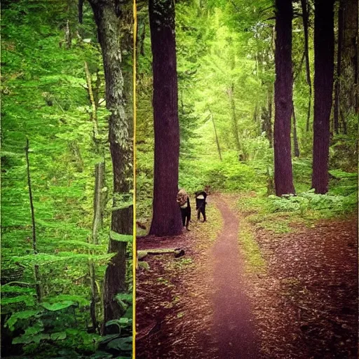 Prompt: “ poor quality nature photography of a bald man hiking in the woods with bigfoot walking by ”