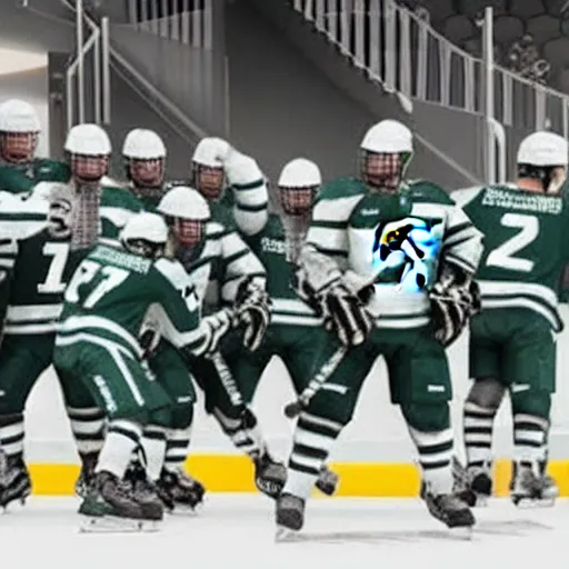 Image similar to Michigan state ice hockey wins national championship in NHL 22 video game, team picture, rendered in unreal engine