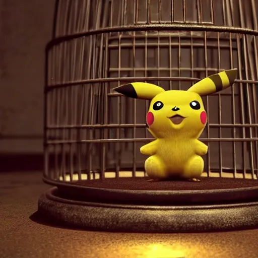 Prompt: stunning awe inspiring pikachu inside a cage with a sad look on its face, movie still 8 k hdr atmospheric lighting