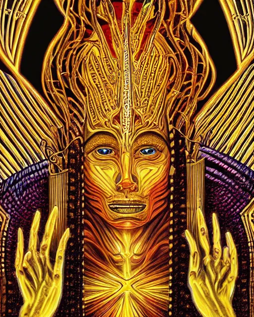 Prompt: gold glowing alien high priest god at the royal black and gold altar chamber by alex grey