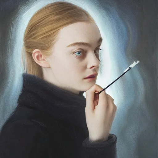 Prompt: Elle Fanning lighting a cigarette in the world of Adam Wyeth, head and shoulders portrait, stormy weather, extremely detailed masterpiece, oil on canvas, low-key neon lighting, artstation, Blade Runner 2049, Roger Deakin’s cinematography, by J. C. Leyendecker and Peter Paul Rubens and Edward Hopper and Michael Sowa,