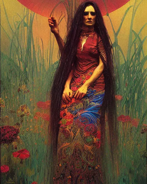 Image similar to rainbow flowerpunk portrait of a strict matriarch by paul lehr, beksinski, alphonse mucha