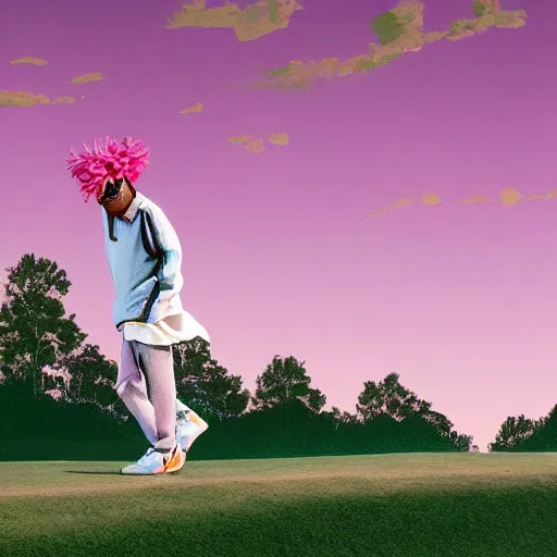 Image similar to a photoshoot for a yeezy x golf le fleur collaborative fashion line, 8 k concept art, detailed, pink skies, vintage, dreamy, earthy