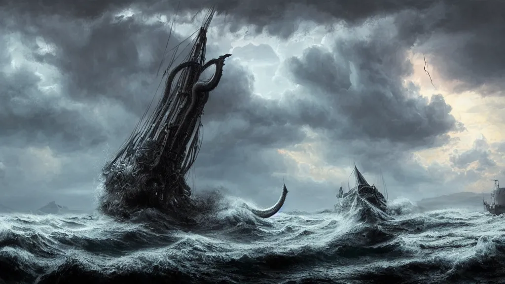 Prompt: small boat in the foreground and a massive giant kraken coming out of a stormy sea all sides in the distance, giant waves, lightning in background, intricate, detailed, volumetric lighting, sharp focus, scenery, photorealism, digital painting, highly detailed, concept art, ruan jia, dark souls, steve mccurry