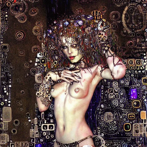 Prompt: depraved cybernetic demon, lsd, circuitry, intricate detail, klimt, royo,