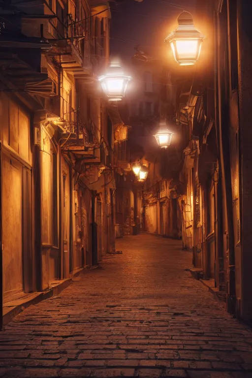 Prompt: a quiet street in istanbul at night lit by a single lantern designed by jony ive, raytracing, 8 k, octane render, volumetric, vivid, beautiful, hyperrealism