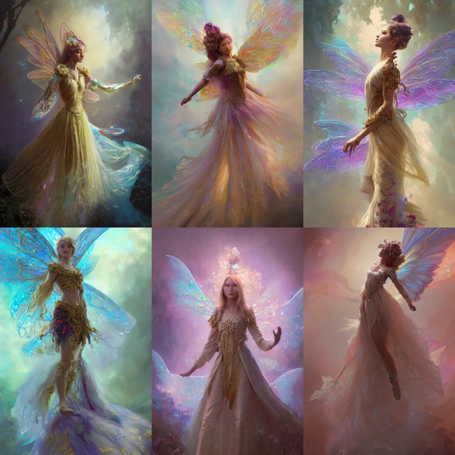 Prompt: Concept, Digital Art, Highly detailed irridescent fairy with flowy clothing and ornate clothes by artgerm, ryan meinerding, Craig Mullins, greg rutkowski, Very highly detailed 8K, octane, Digital painting, the golden ratio, rational painting