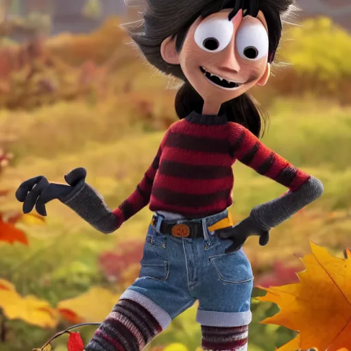 Prompt: a very cool and cute stopmotion animation character, a beautiful canadian woman, gardening, very attractive, spiky dark brown and grey hair, striped sweater, tight denim jeans, maroon doc marten boots, canadian maple leaves blowing about, mountains, autumn, unreal engine 5, 8 k, kubo and the two strings, disney, pixar,