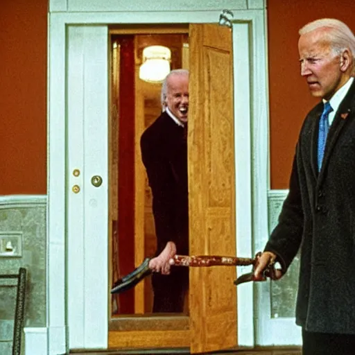 Image similar to Joe Biden breaking down door with axe in the movie the Shining