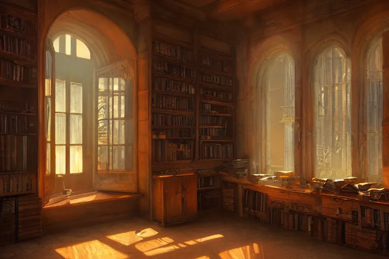 Prompt: a fantasy library interior with small windows in the late evening with dusty atmosphere, digital painting 3D by Greg Hildebrandt and Patryk Stefaniak