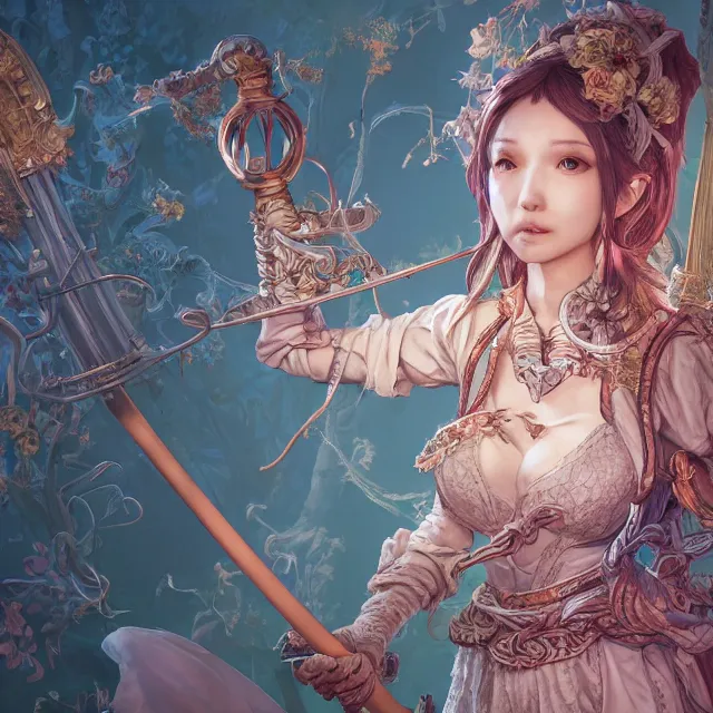 Image similar to studio portrait of neutral good colorful female cleric bard healer as absurdly beautiful, elegant, young skinny gravure idol, an ultrafine hyperdetailed illustration by kim jung gi, irakli nadar, intricate linework, sharp focus, bright colors, octopath traveler, final fantasy, unreal engine 5 highly rendered, global illumination, radiant light, detailed and intricate environment