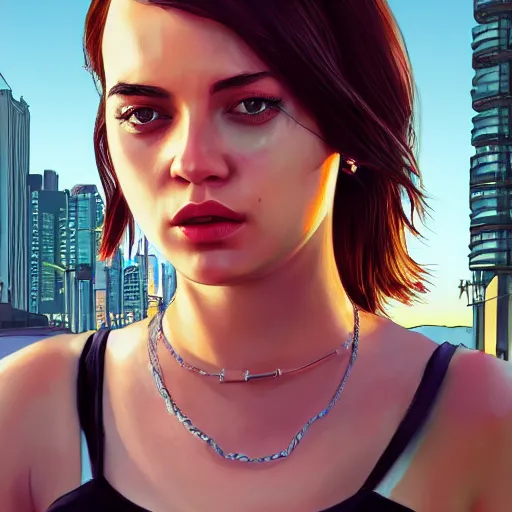 Image similar to high quality high detail girl in the style of gta 5 cover art, photorealistic lighting