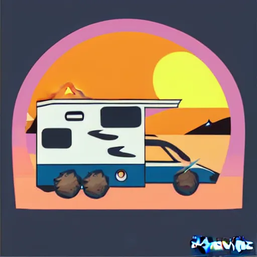 Image similar to vector art of a white and black cute thor chateau! motorhome camper!!, highway, mountains and colorful sunset!!, very happy, minimal vector art sticker!! by tom whalen, sanja stikovic