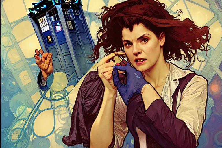 Image similar to doctor who, woman as a mad dentist in the tardis, art by artgerm and greg rutkowski and alphonse mucha