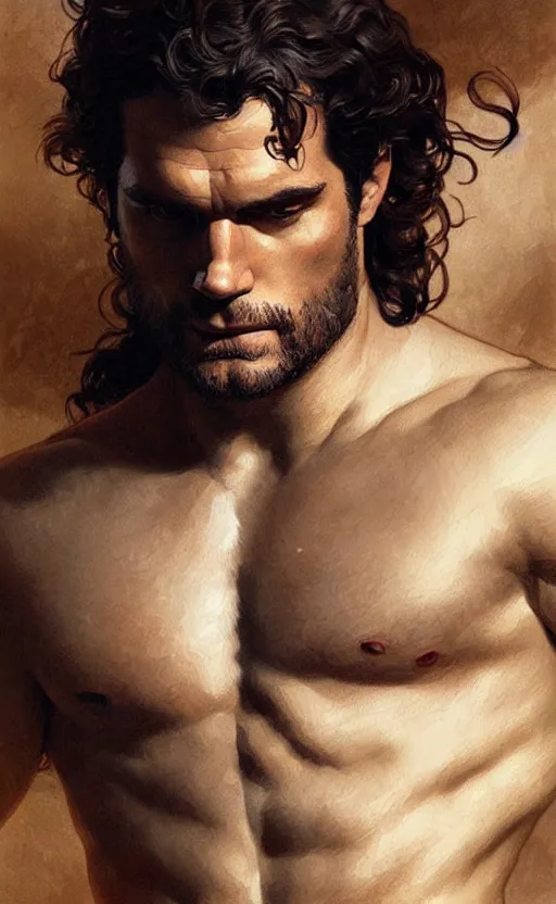 Image similar to Henry Cavill as a Greek god, gorgeous, amazing, muscular, intricate, highly detailed, digital painting, artstation, concept art, sharp focus, illustration, art by greg rutkowski and alphonse mucha