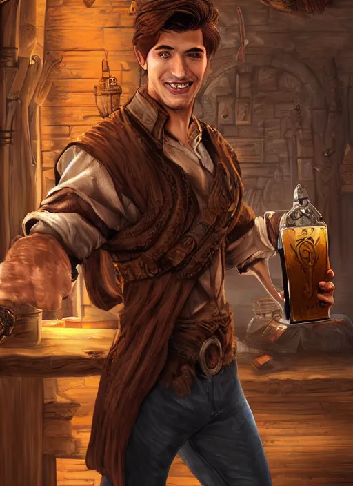 Image similar to An epic fantasy comic book style portrait painting of a handsome young man with brown wavey hair, wearing thief clothing in a tavern and smiling with a wooden tankard in hand, unreal 5, DAZ, hyperrealistic, octane render, cosplay, RPG portrait, dynamic lighting