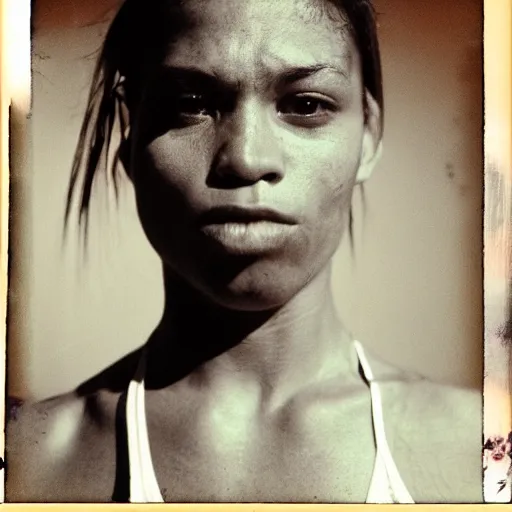 Image similar to close up portrait of woman boxer after boxing with brews blood sweating, photography photojournalism, very grainy image, 80mm lens, close up portrait polaroid