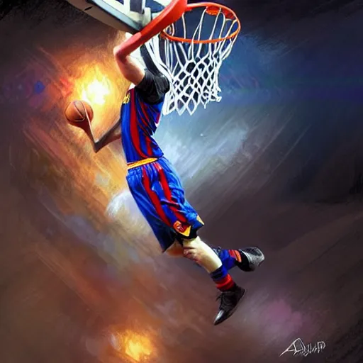 Image similar to Messi dunking a basketball in the NBA, D&D style, fantasy, intricate, elegant, highly detailed, digital painting, artstation, concept art, matte, sharp focus, illustration, art by Artgerm and Greg Rutkowski and Alphonse Mucha