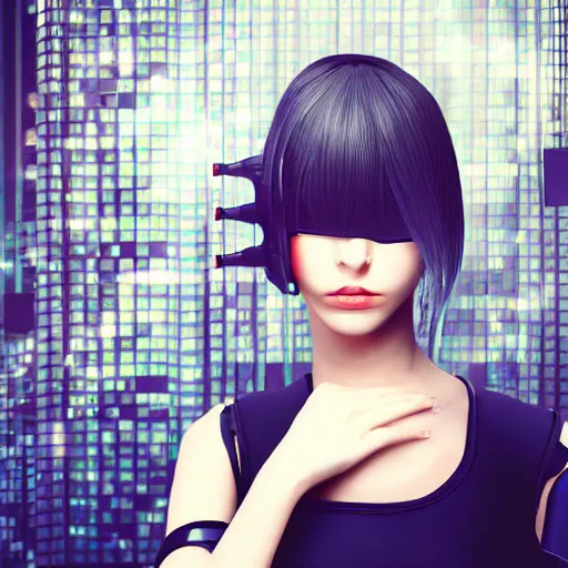 Prompt: portrait of techno cyberpunk girl in fron of abstract background photorealistic