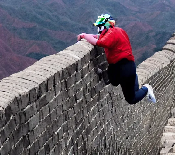 Prompt: candid photo of donald trump climbing over the great wall of china in 2020