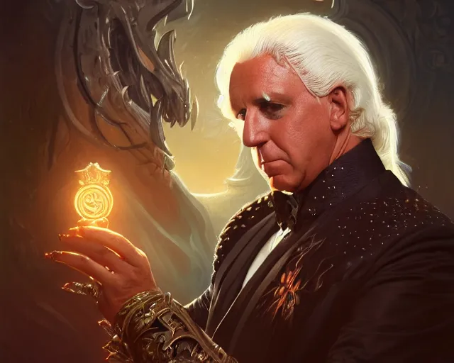 Image similar to photography of ric flair, deep focus, d & d, fantasy, intricate, elegant, highly detailed, digital painting, artstation, concept art, matte, sharp focus, illustration, hearthstone, art by artgerm and greg rutkowski and alphonse mucha