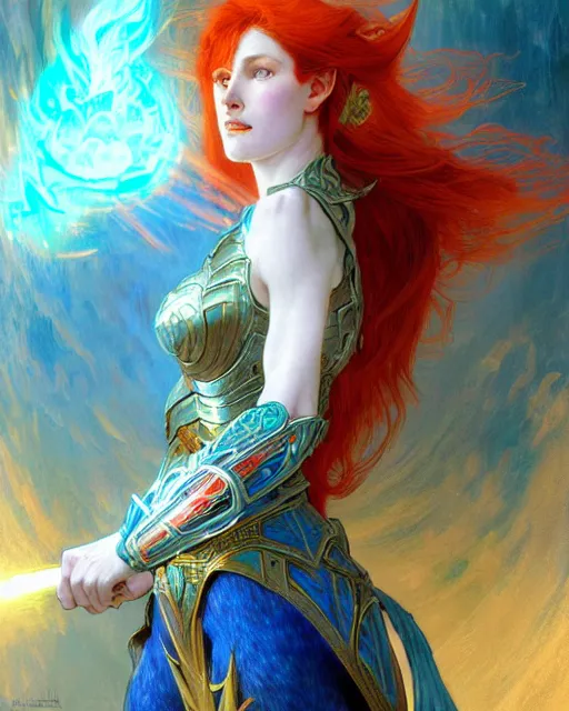 Prompt: a red hair female elf warrior in blue phoenix armor, battle against a demon, light effect, feminine, powerful! intricate, elegant, highly detailed, digital painting, art stations, concept art, smooth, illustration, art by gaston bussiere and alphonse mucha