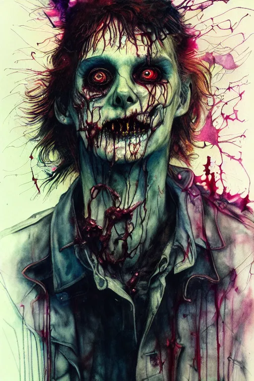 Image similar to zombie cop by agnes cecile, enki bilal, brian froud, bernie wrightson, intricated details, 3 / 4 view, full body portrait, extremely luminous bright design, horror, pastel colours, toxic drips, autumn lights