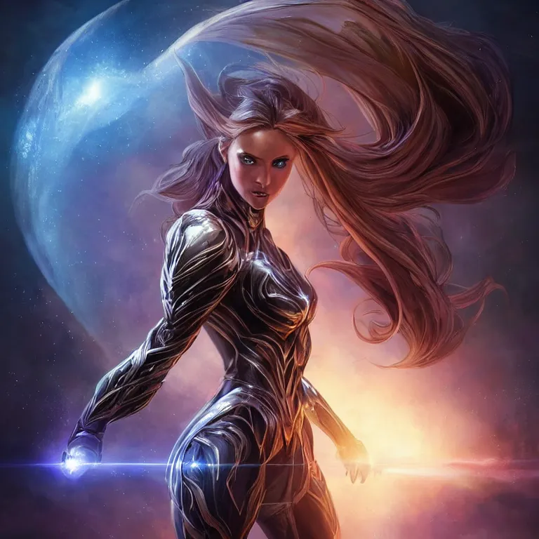 Image similar to beautiful cinematic fantasy poster, a beautiful girl in a superhero suit, beautiful glowing galaxy eyes, wideshot ultrawide angle epic scale, hybrid from The Elden Ring and art direction by Darius Zawadzki ;by artgerm; wayne reynolds art station; cinematic quality character render, beautiful dynamic pose; low angle; ultra high quality model; production quality cinema model;