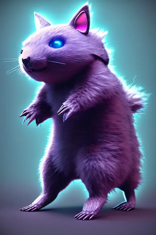 Image similar to high quality 3 d render post - cyberpunk very cute fluffy! wombat!! cyborg, mechanical paw, highly detailed, unreal engine cinematic smooth, in the style of detective pikachu, hannah yata charlie immer, neon purple light, low angle, uhd 8 k, sharp focus