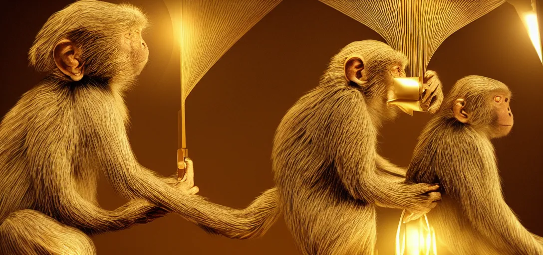 Prompt: two monkeys, playing with golden scissors, a big diamond, symmetrical, details, smooth, sharp focus, illustration, realistic, cinematic, artstation, gold, ornate, award winning, original modern artwork, rgb ethereal lighting, 8k