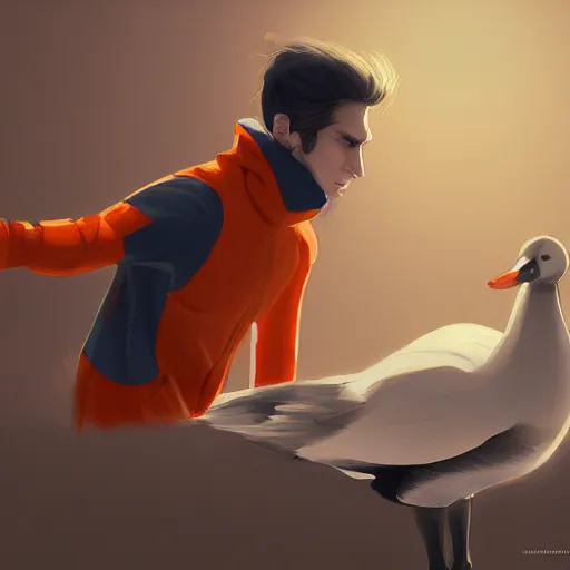 Image similar to man in orange shirt zip - up a goose, artstation