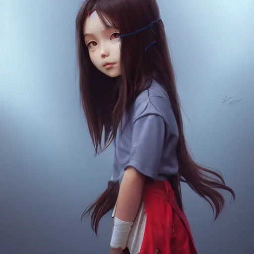 Image similar to Full body, clothed. realistic style at CGSociety by WLOP, Ilya kuvshinov, Krenz Cushart, Greg Rutkowski, trending on artstation. Realistic fantasy cute indigenous brunette Pixar-style young girl, expressing joy, silky hair, wearing a red-sleeved white t-shirt with jeans, she has fire powers, Cinematic dramatic atmosphere of a mystic forest, sharp focus, soft volumetric studio lighting.