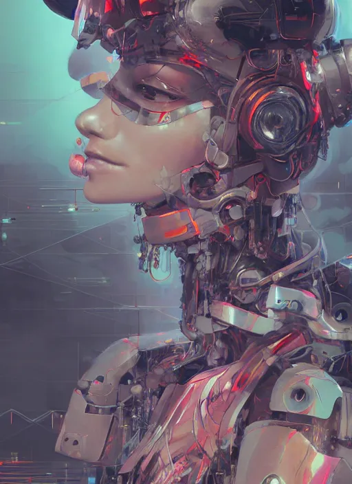 Image similar to surreal illustration, by yoshitaka amano, by ruan jia, by conrad roset, by Kilian Eng, by good smile company, detailed anime 3d render of a female mechanical android, portrait, cgsociety, artstation, modular patterned mechanical costume and headpiece, cyberpunk atmosphere