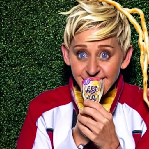 Prompt: Ellen DeGeneres cosplaying as Naruto and eating ramen noodles, absurd, surreal, high quality