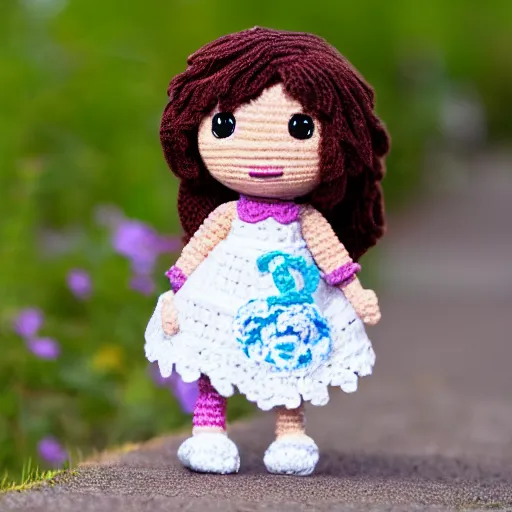 Prompt: Crocheted Pokimane Imane Anys doll. 4k bokeh photography