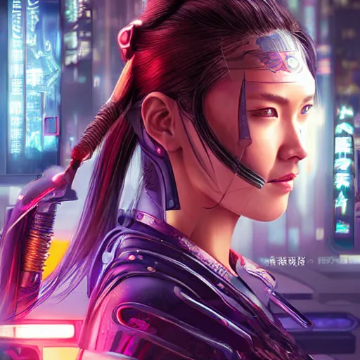 Prompt: a photorealistic stunning portrait of samurai netrunner woman fighting for love by Evelyn De Morgan and Ross Tran, cyberpunk 2077 rossdraws, fresco