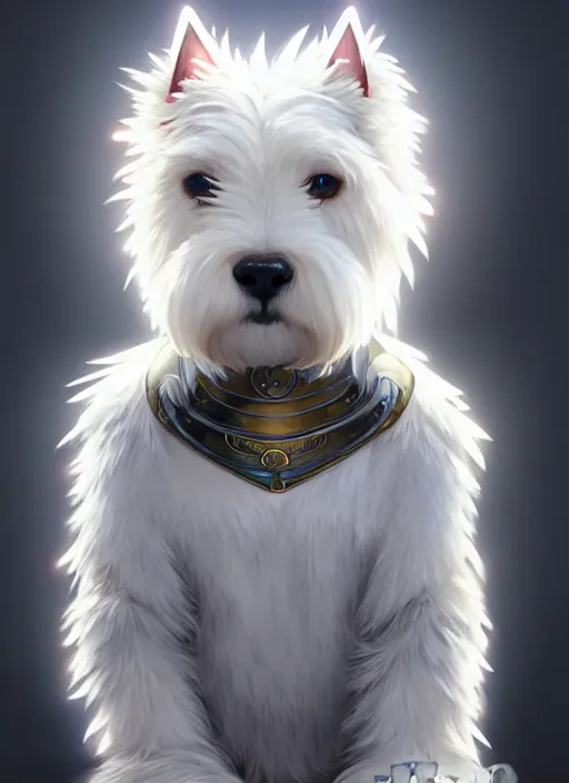 Image similar to a west highland white terrier sitting politely, facing the camera, anime art style, wearing futuristic, led - lit armor, and a cannon mounted on his back, portrait, high detail, sharp focus, digital painting, artstation, concept art, art by hayao miyazaki and artgerm and greg rutkowski and alphonse mucha.