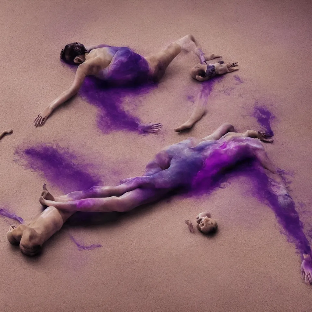 Prompt: close - up view of iridiscent oil spill in desert sand tempest with women corpses connected by cables and computers to wax forms to a buried baby relaxing on yoga mat, faded, purple gradient, dust, purple fog, depth of field, by werner herzog, hans bellmer and nadav kander, 8 k, sad atmosphere, cinematic