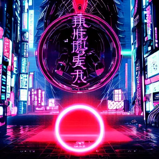 Image similar to Perfect circle portal leading to a vast neon cyberpunk Tokyo in style of Tsutomu Nihei. Cyberpunk, vertical symmetry, 8K, Highly Detailed, Intricate, Vivid.