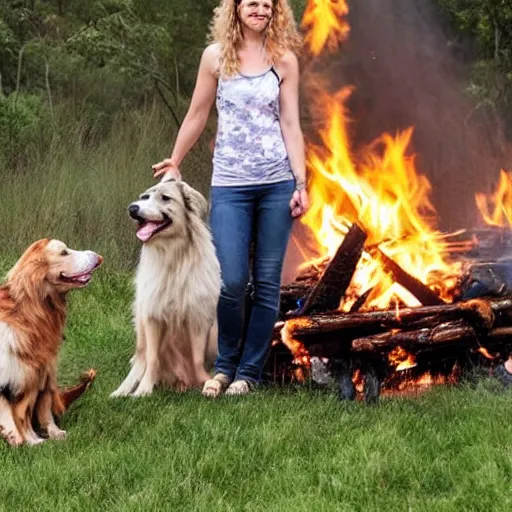 Image similar to picture of a hillbilly with long blonde hair with his australian shepherd around a bonfire