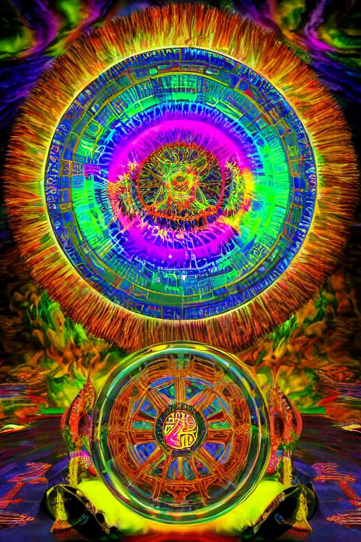 Prompt: Samsara - The Wheel of Life, conjuring psychedelic, vibrant, photo realistic, ultra realistic, 3d render, hypermaximalist, 8k