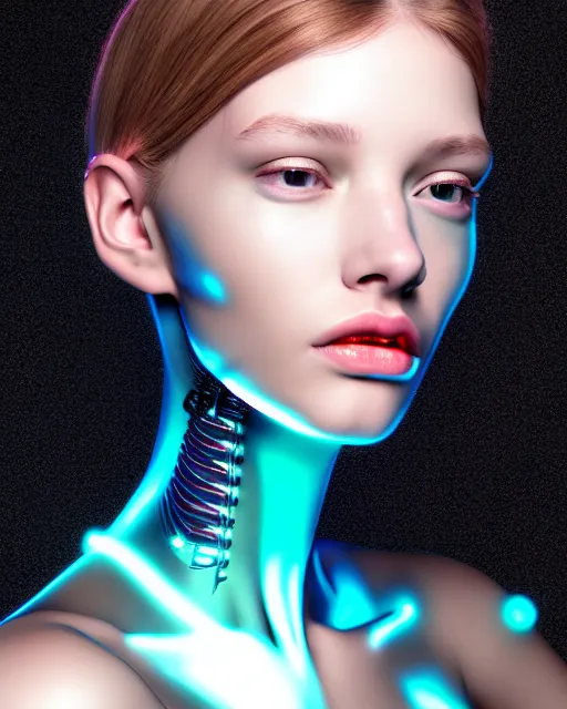 Image similar to fashion portrait, most beautiful girl in the world, glowing cybernetic augments, hyperrealism, year 2447, cdx