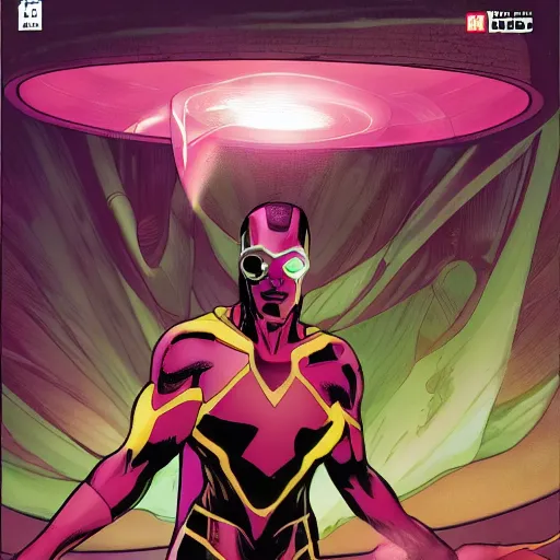 Image similar to Vision by Marvel Comics working as a 7/11 cashier, wide wide shot, very detailed, beautiful lighting